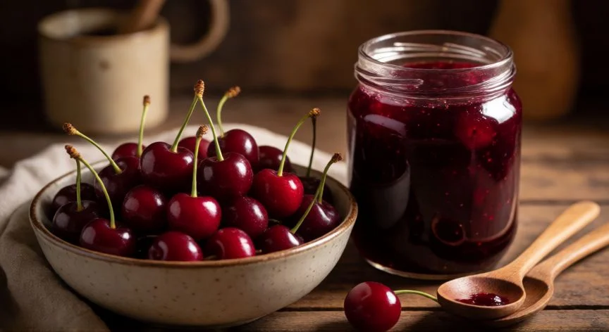 diferencia entre guinda y cereza, Bol de guindas frescas junto a un tarro de mermelada casera en cocina rústica