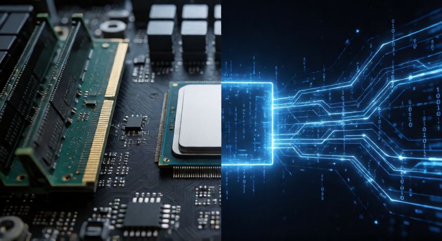 Comparación visual entre componentes de hardware físicos y código de software abstracto