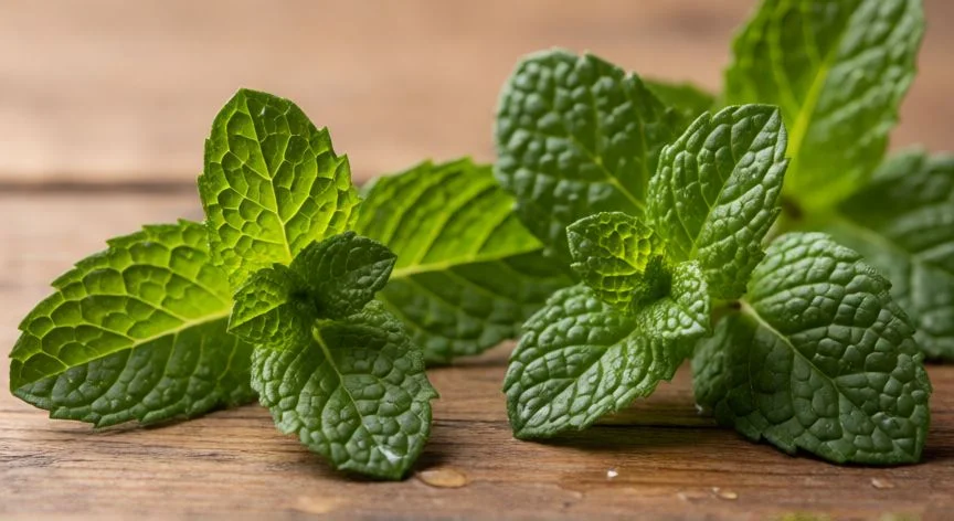Comparación visual entre hoja de hierbabuena lanceolada y hoja de menta piperita ovalada