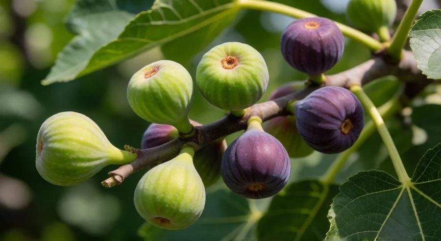 Rama de higuera con brevas verdes y moradas en su etapa temprana