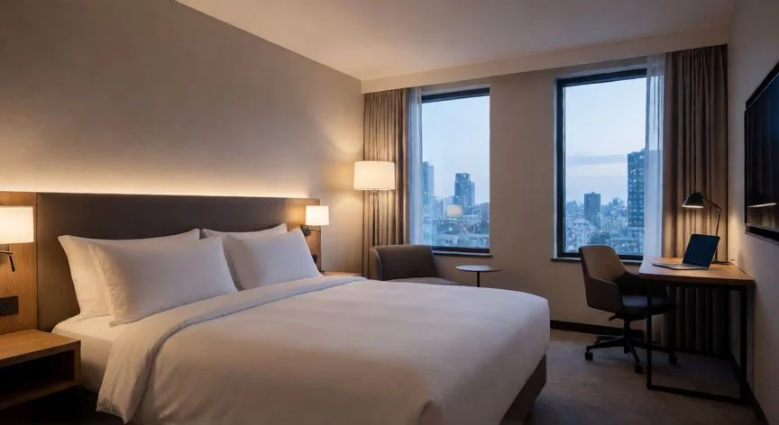 Habitación privada de hotel con cama doble y vistas a la ciudad