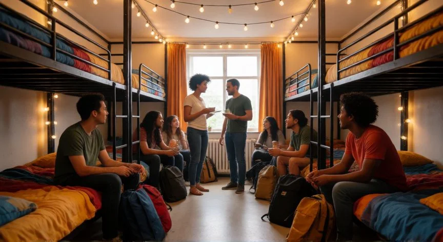 diferencia entre hotel y hostal, Dormitorio compartido en un hostal con literas y viajeros sociales