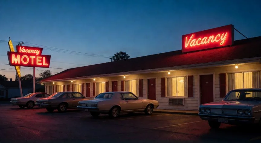 Fachada de un motel clásico con letrero de neón rojo en el atardecer