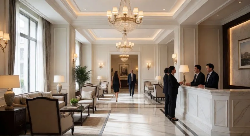 diferencia entre hotel y motel, Recepción elegante de un hotel de lujo con suelo de mármol y decoración sofisticada