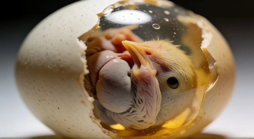 diferencia entre huevo de comer y huevo de pollito, Embrión de pollo en desarrollo visible dentro de un huevo fértil