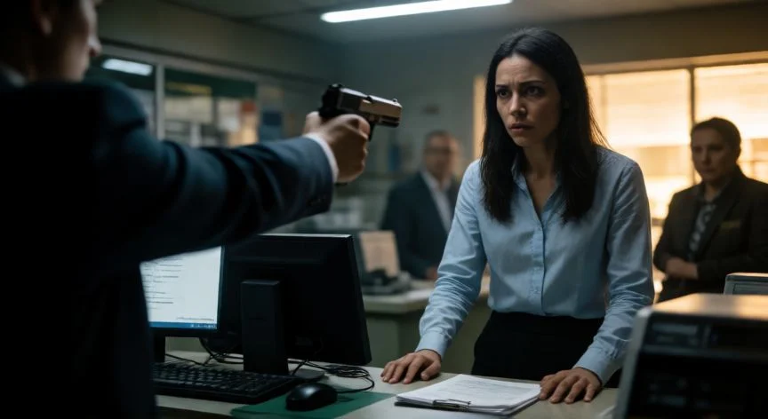 diferencia entre hurto y robo, Escena de tensión representando un robo con intimidación
