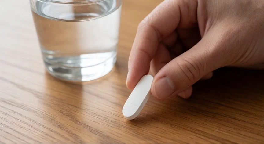Tableta de medicamento blanca en mano con vaso de agua sobre mesa de madera
