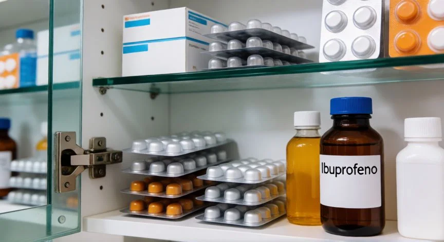diferencia entre ibuprofeno y paracetamol, Botiquín abierto con blísteres y frascos de medicación incluyendo ibuprofeno