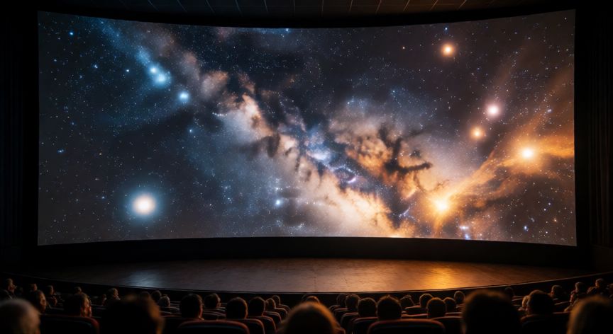 Pantalla gigante de cine IMAX mostrando una escena espacial con alta definición