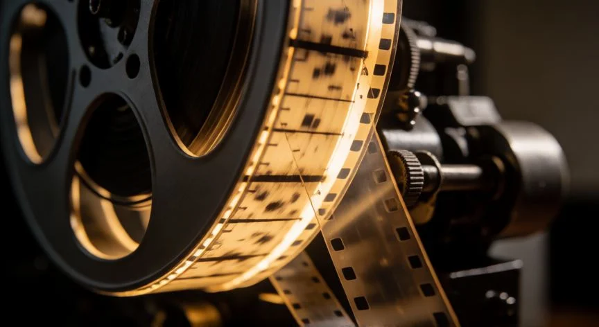 diferencia entre imax y 70mm, Detalle de una bobina de película de cine 70mm girando en un proyector