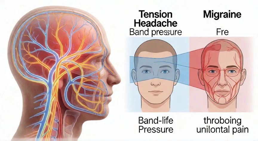 diferencia entre jaqueca y migraña, Diagrama médico comparando los tipos de cefaleas y migraña