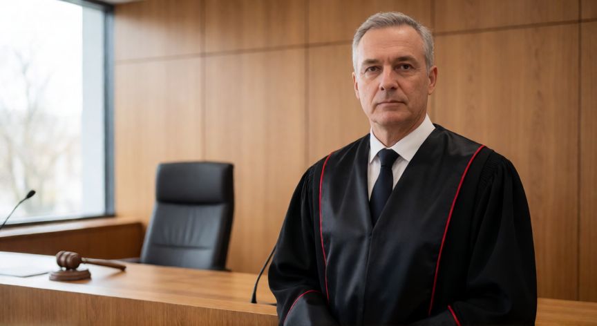 Juez de Primera Instancia en un tribunal español con toga oficial