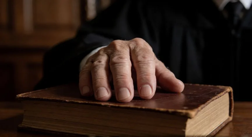 Mano de un juez sobre un libro en una sala de tribunal