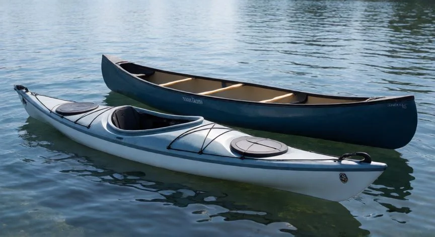Canoa de madera en un lago al atardecer con dos palistas arrodillados