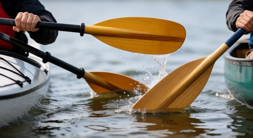 diferencia entre kayak y canoa, Kayakista en cubierta cerrada remando con pala doble en aguas bravas del mar