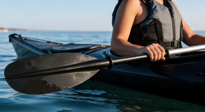Remador en posición sentada usando una pala doble dentro de un kayak
