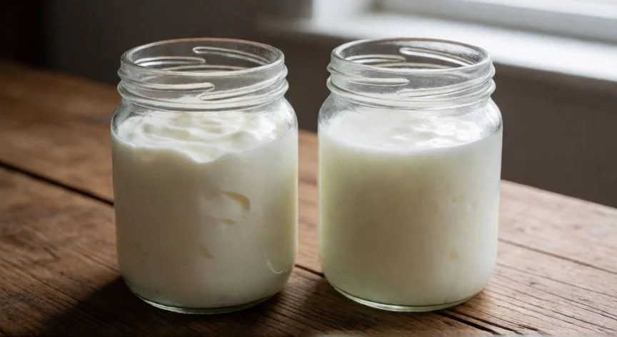 Comparativa visual entre un frasco de yogur cremoso y un frasco de kefir líquido