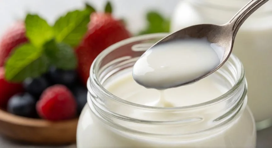 diferencia entre kefir y yogur, Cuchara mostrando la textura fluida del kefir listo para consumir