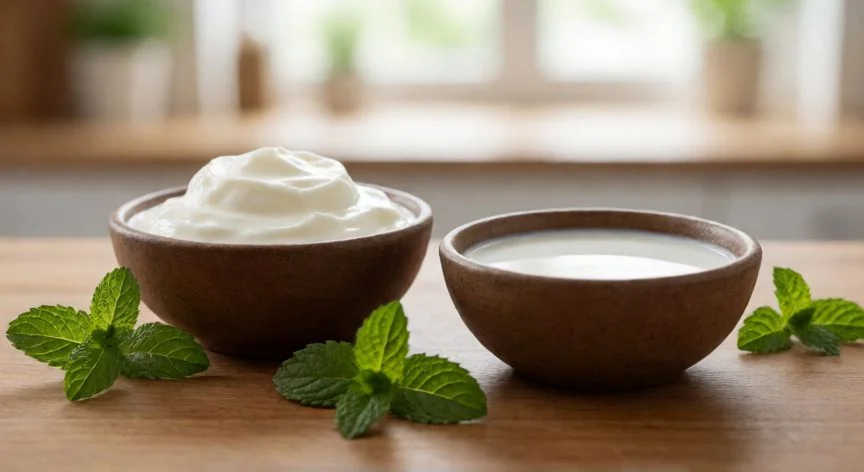 diferencia entre kefir y yogur natural, Bols de madera con yogur y kéfir decorados con menta fresca en una mesa de cocina