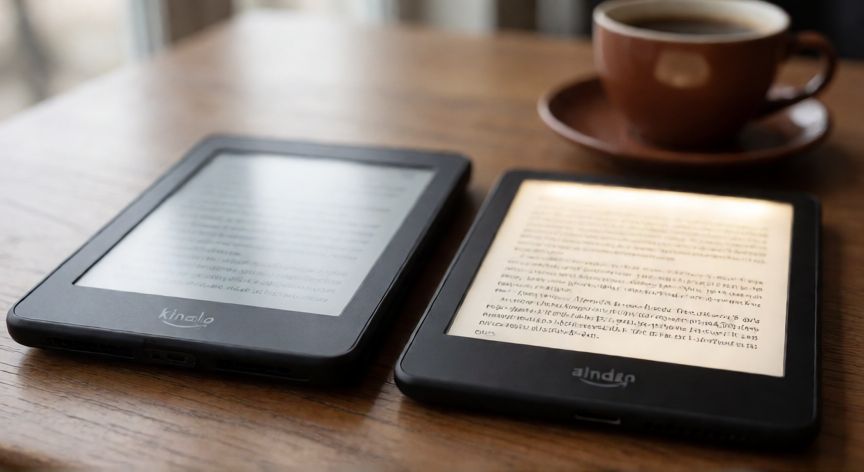 Comparación entre un Kindle básico y un Kindle Paperwhite encendido