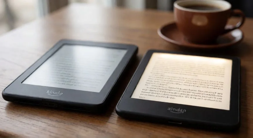 Comparación entre un Kindle básico y un Kindle Paperwhite encendido