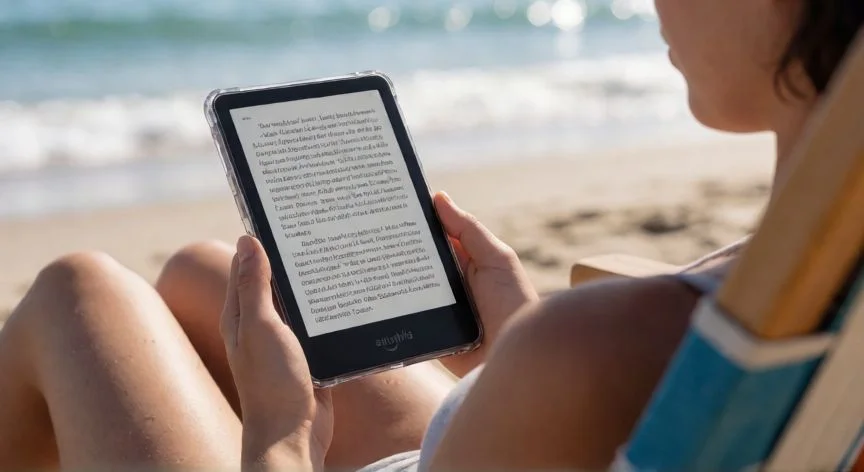 diferencia entre kindle y kindle paperwhite, Persona leyendo un Kindle Paperwater al aire libre demostrando su resistencia