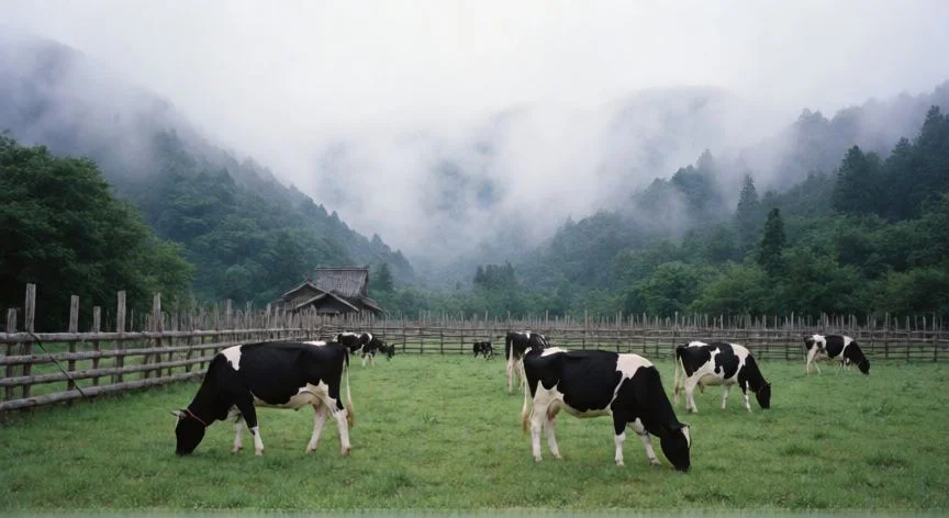 diferencia entre kobe y wagyu, Ganado de raza Tajima en un pastoreo tradicional japonés en la prefectura de Hyogo