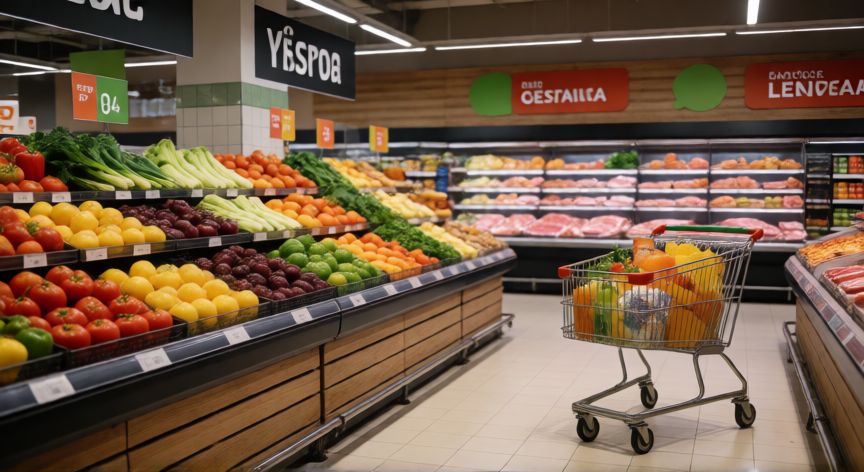 Pasillo de supermercado Fresko con productos frescos y carne