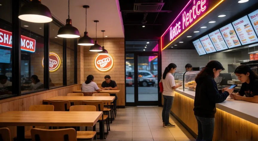 diferencia entre la comer y comercial mexicana, Ambiente interior de restaurantes de comida rápida mexicana comparando estilos clásicos y modernos