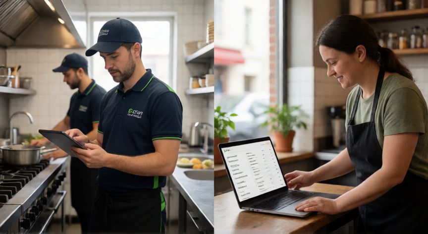 Comparación visual entre la logística masiva de una gran plataforma y la agilidad de un restaurante local con tecnología ágil