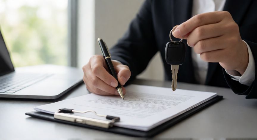Firma de contrato de leasing con llaves de coche en mano