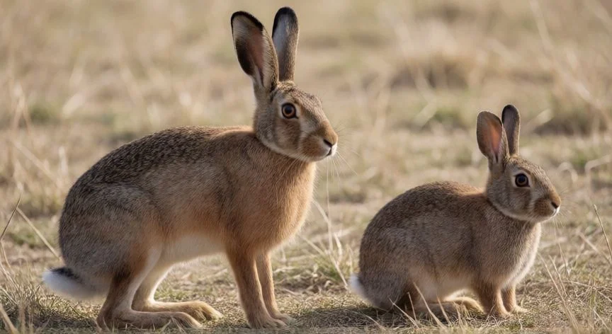 Comparación anatómica real entre una liebre y un conejo mostrando diferencias de tamaño y orejas