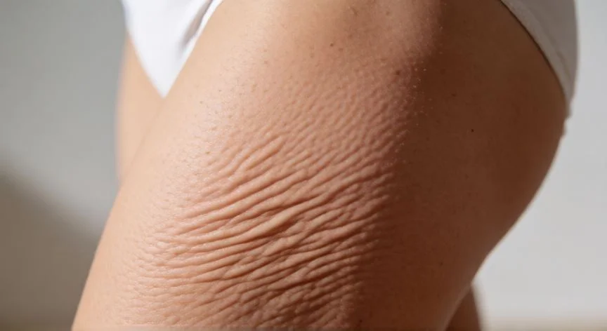 Detalle de piel con apariencia irregular propia de la celulitis en zona de muslo