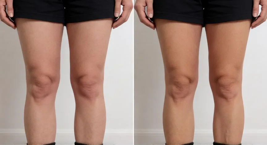 diferencia entre lipedema y celulitis, Vista clínica de extremidades inferiores con características dermatológicas asociadas al lipedema