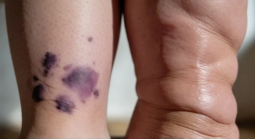 Comparación visual entre la piel frágil y moretada del lipedema y la hinchazón por edema en el linfedema.