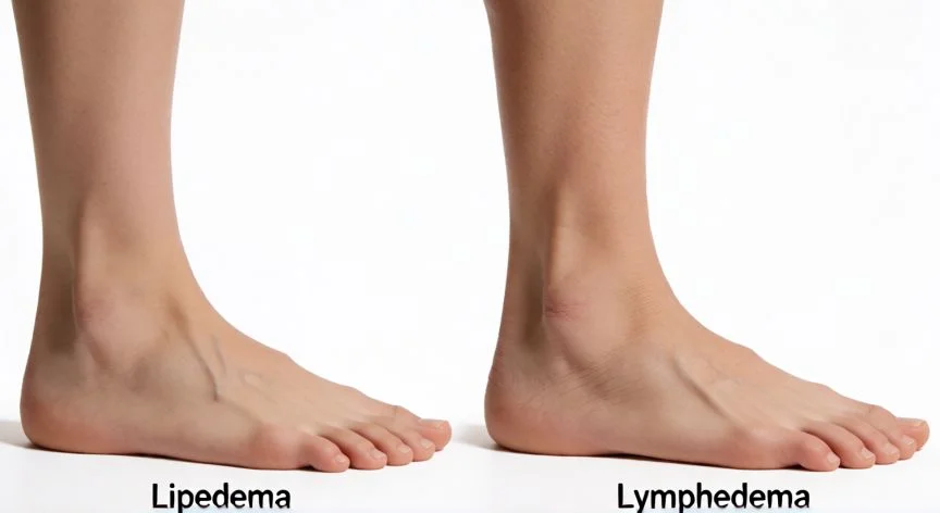 diferencia entre lipedema y linfedema, Diferencia anatómica en los pies: normal en lipedema y hinchado con edema fúngico en linfedema.