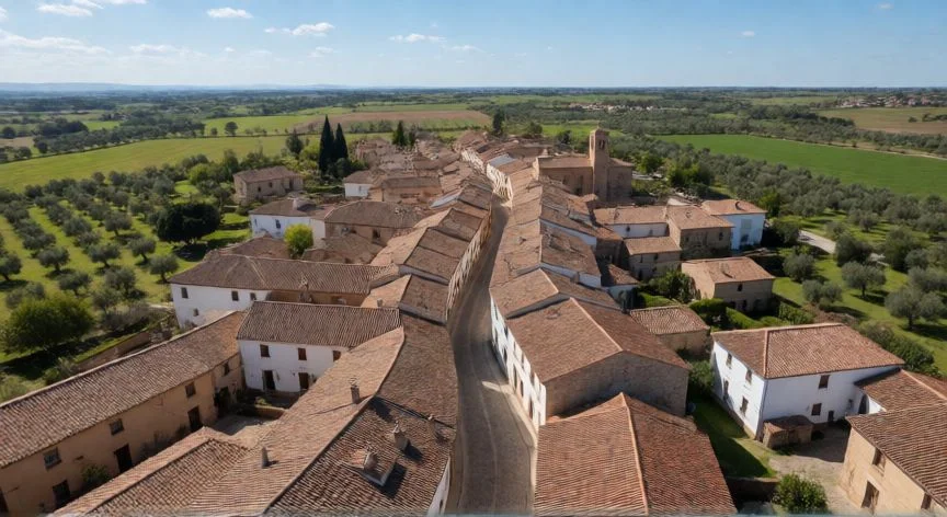 diferencia entre localidad y municipio, Vista aérea de una localidad rural española con arquitectura tradicional y campos verdes