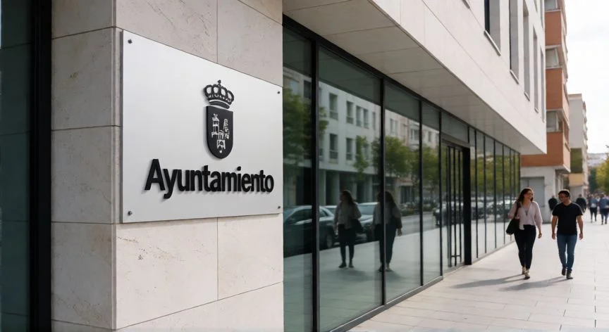 diferencia entre localidad y municipio, Fachada de un edificio municipal moderno con el cartel Ayuntamiento y peatones en la entrada