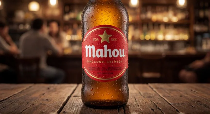 Botella de cerveza Mahou roja con etiqueta clásica y gotas de condensación