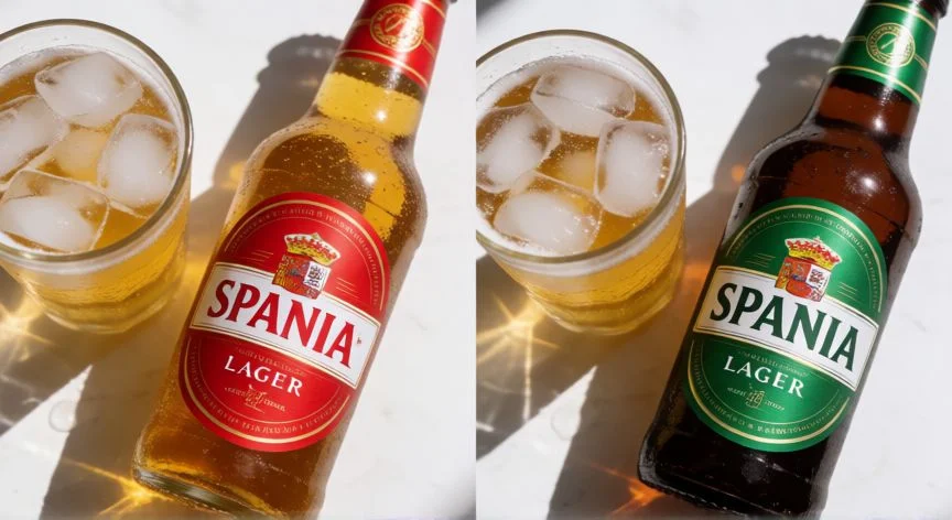 diferencia entre mahou verde y roja, Comparativa visual de cervezas lager españolas con etiquetas roja y verde sobre fondo blanco