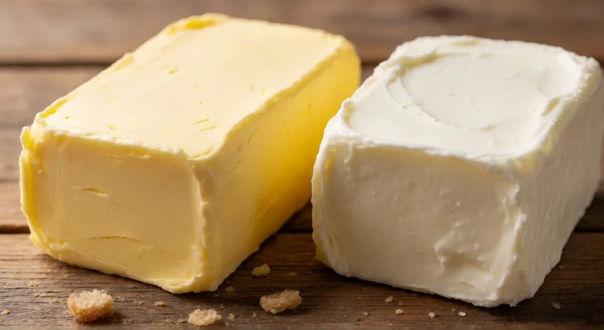 Comparación visual de un bloque de mantequilla y un bloque de margarina sobre mesa de madera