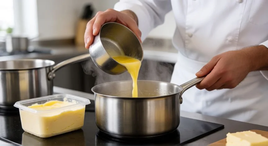 diferencia entre mantequilla y margarina, Cocina profesional con mantequilla derretida en una sartén y margarina en el fondo
