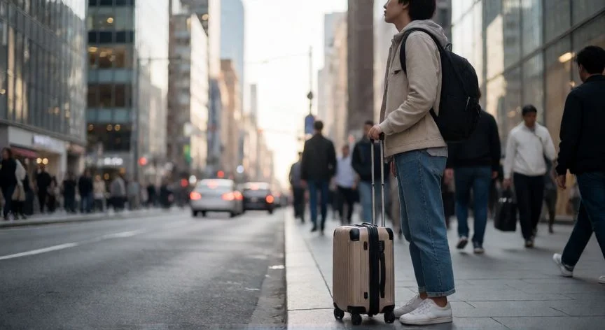 Persona viajera en una calle urbana representando el concepto de migrante