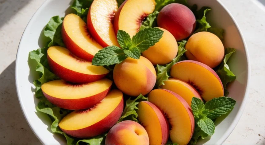 diferencia entre nectarina y fresquilla, Ensalada saludable con rebanadas de nectarina y fresquillas enteras