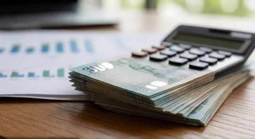Nómina con secciones de salario bruto y neto sobre escritorio con calculadora