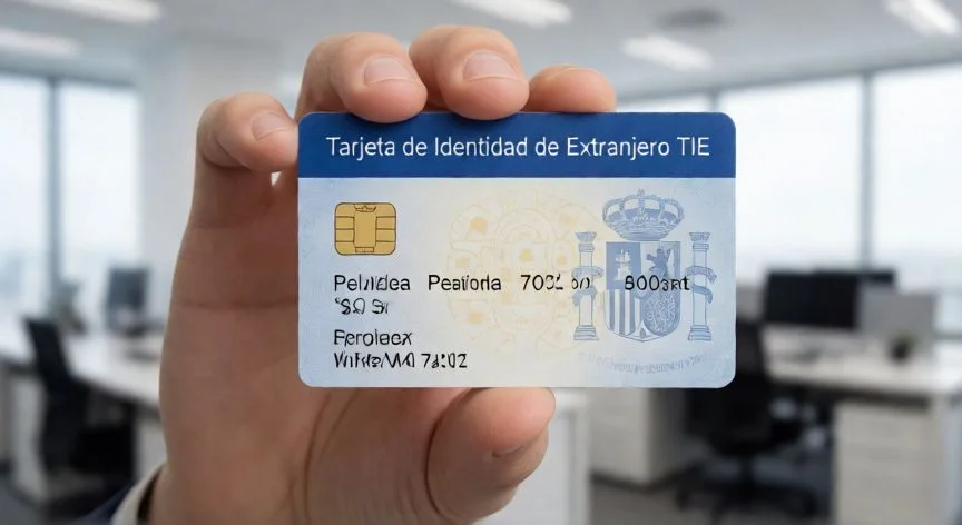 diferencia entre nie y tie en españa, Persona sosteniendo una tarjeta TIE española en un entorno de oficina