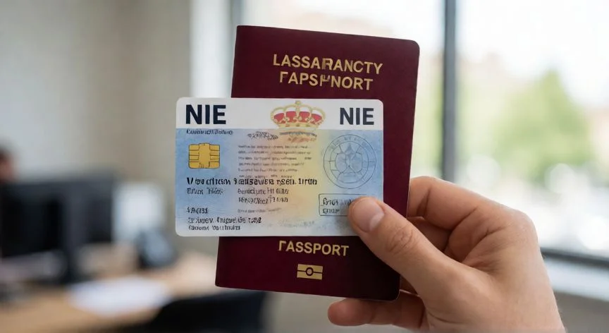 diferencia entre nif y nie, Persona sosteniendo un documento NIE y un pasaporte en una oficina administrativa