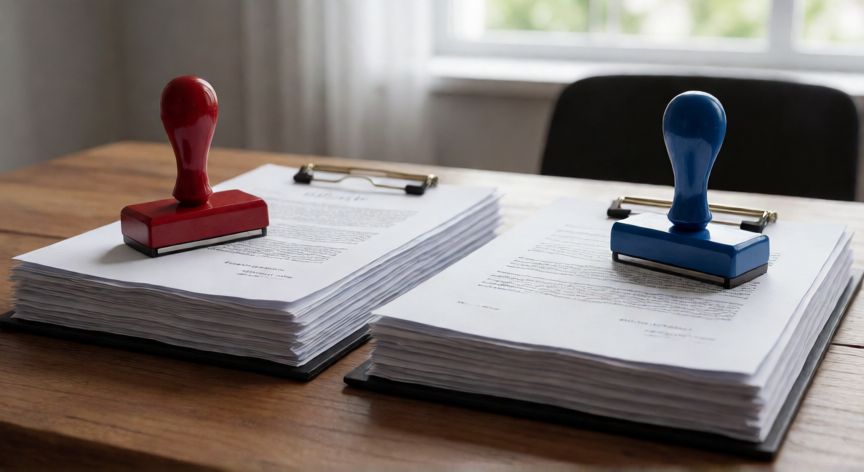 Contratos con sellos de nulidad y validez sobre escritorio de oficina