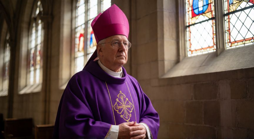 Obispo católico con vestimenta litúrgica en una catedral