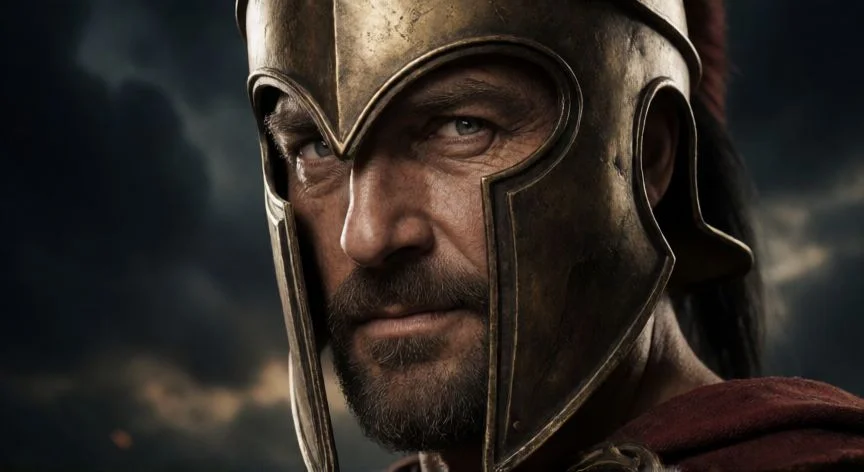 Retrato realista de Odiseo, el héroe griego con casco y expresión astuta